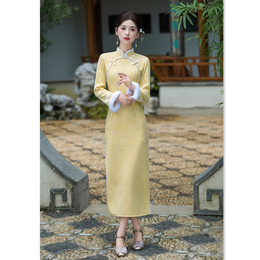 GX绝美新中式雪尼尔长款加绒旗袍2025秋冬新款年轻少女长袖旗袍 商品图0