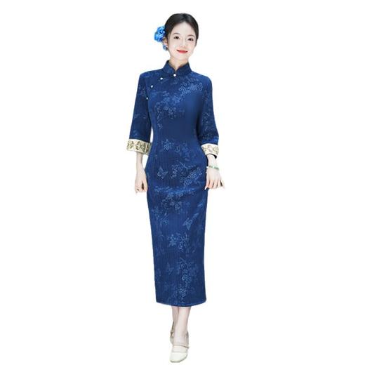GX时尚拼接提花复合超柔长款倒大袖旗袍2025秋新款现代中式日常旗袍 商品图4