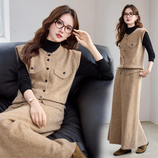 HR YBER603洋气时尚百搭通勤款圆领显瘦单排扣三件套裙 商品图0