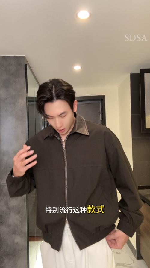 5610SDSA男士秋冬新款痞帅男装潮牌复古格纹拼皮翻领夹克外套百搭时尚 商品图0