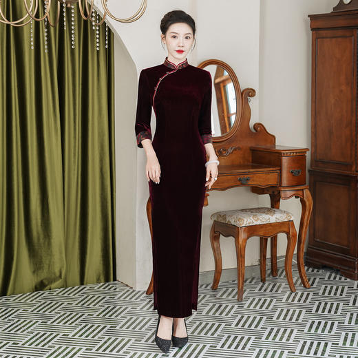DNO-4FH7801-1丝绒加厚旗袍礼服薄款厚款中国风喜婆婆大码连衣裙 商品图0