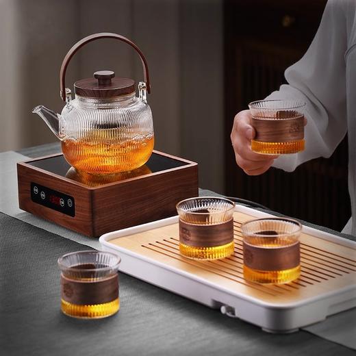 新中式煮茶壶新品高硼硅玻璃茶壶胡桃木盖子泡茶壶新款新品竖条纹提梁壶煮茶器 商品图1