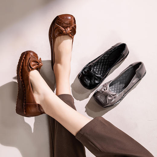 复古单鞋真皮软底妈妈鞋，防滑牛筋底坡跟中老年蝴蝶结MLD295 商品图0