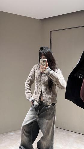 Acne Studios 25Fw早秋新款 绞花格纹拼接假两件羊毛针织开衫(DQJ*MM)