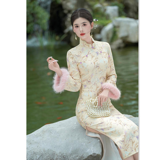 GX时尚改良年轻款长款倒大袖旗袍2025秋冬新款改良新中式加绒旗袍裙 商品图2