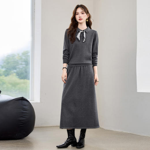 HR YBER608丝巾减龄新款Polo领简约百搭时尚气质两件套裙 商品图0