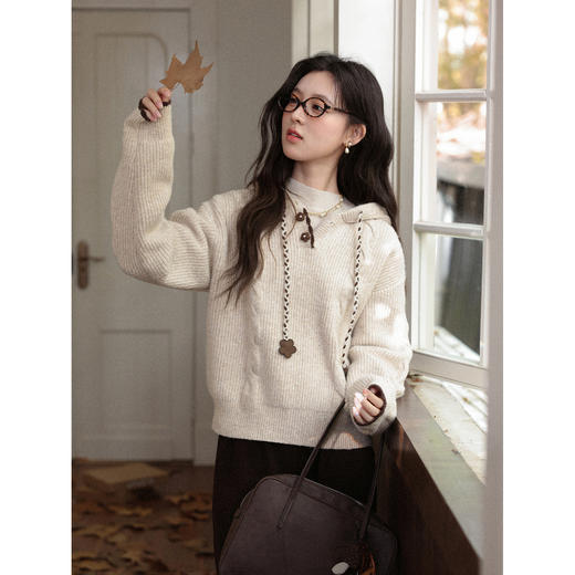 鹿向南「雪顶咖啡」杏色长袖连帽毛衣秋冬季新款宽松休闲上衣女士 商品图4