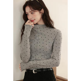 鹿向南「秋夕芝麻」灰色半高领波点长袖t恤女早秋修身打底衫上衣