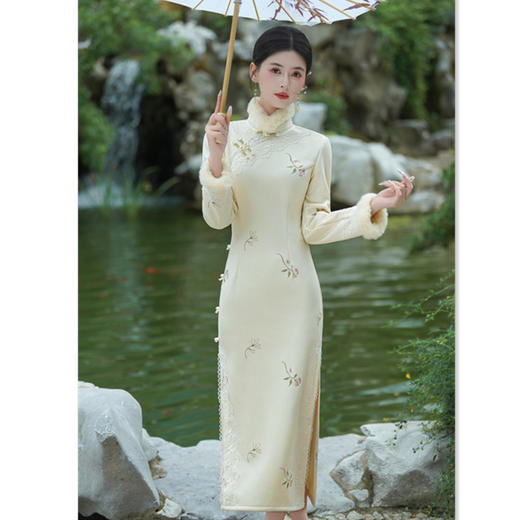 GX素雅中式长款花边淑女范保暖加厚旗袍2025秋冬新款日常年轻款旗袍 商品图2