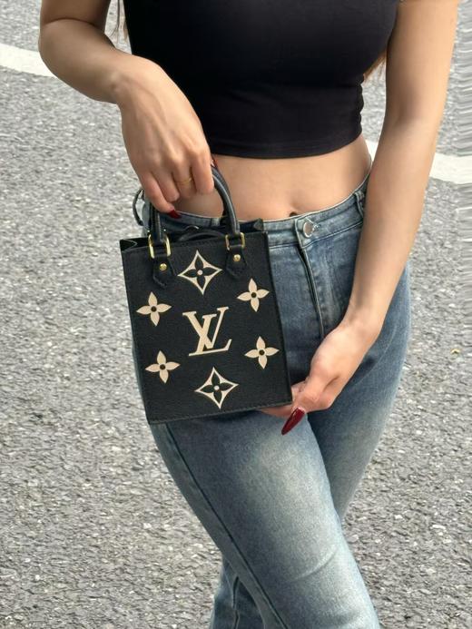 驴家 Petit Sac Plat 经典老花可拆卸 软粒面牛皮 琴谱包托特包购物袋单肩斜挎手提包 迷你 女款 黑色拼米色（LZ*MM） 商品图1