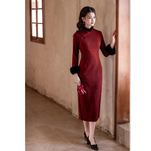 GX冬款加绒加厚长款修身大毛领旗袍2025款妈妈装宴会礼服回娘家旗袍 商品图2
