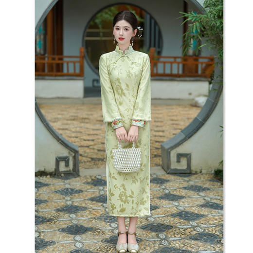 GX时尚改良新中式长款加绒双袖旗袍2025秋季新款国风单层旗袍 商品图2