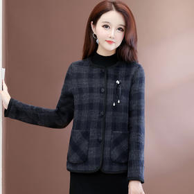 QYM 25ZB923-Y双面毛呢短款外套复古格子呢子大衣