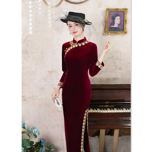 GX老上海复古国风长款丝绒七分袖旗袍2025秋新款大码旗袍 商品图2