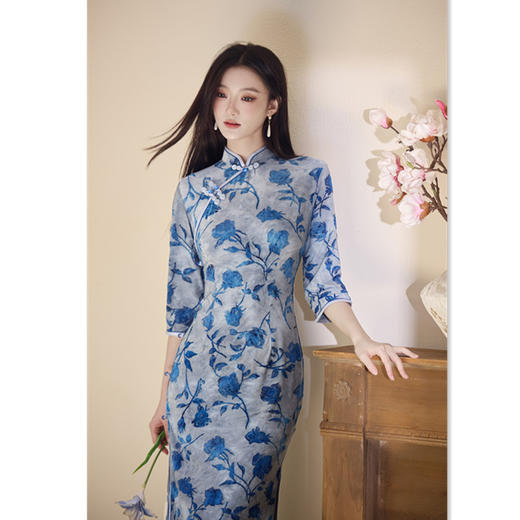 GX复古中国风扎染单层长款七分袖旗袍2025秋新款弹力中式旗袍 商品图0