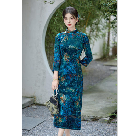 GX妈妈旗袍长款丝绒七分袖日常复古改良中国风旗袍2025秋冬新款旗袍 商品图2
