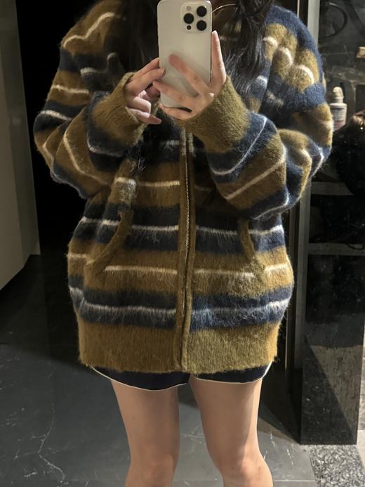 马海毛毛绒针织经典条纹外套（蕾姐灰黑色L，棕色XL ） 商品图3