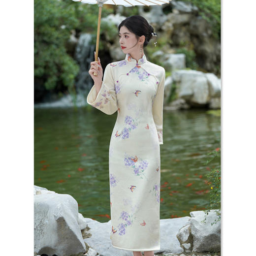 GX时尚年轻少女款清荷绒长款长袖旗袍2025秋季新款日常可穿加绒旗袍 商品图3