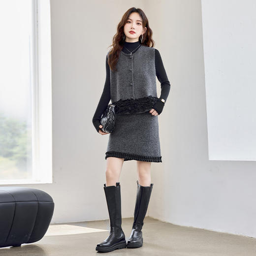 HR YBER612轻奢气质圆领重工拼接花边款时尚三件套裙 商品图2