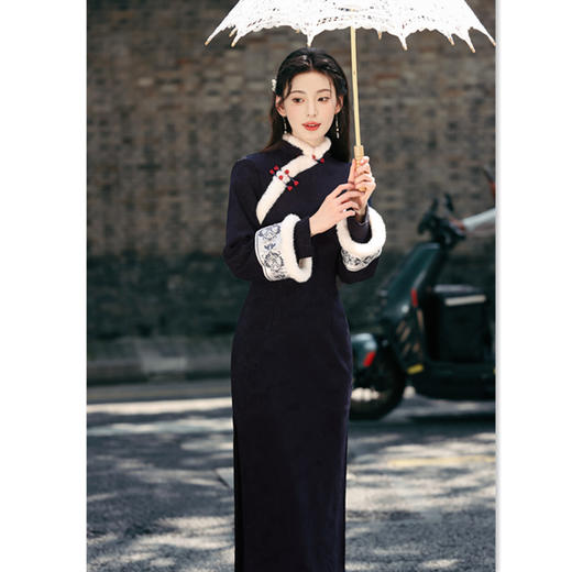 GX针织提花长款倒大袖旗袍2025秋冬新款改良新中式年轻少女长袖旗袍 商品图3