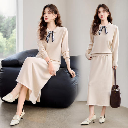 HR YBER608丝巾减龄新款Polo领简约百搭时尚气质两件套裙 商品图1