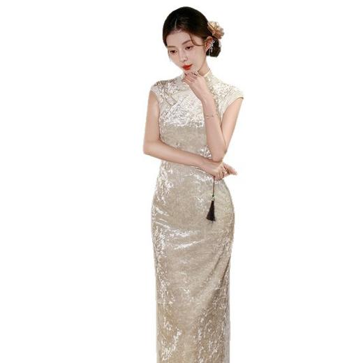 GX优雅时尚新中式改良素雅旗袍2025秋新款收腰显瘦港风修身丝绒旗袍 商品图4