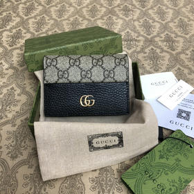 古驰 Marmont GG 马蒙 金标Logo 老花图案 帆布拼皮 双折翻盖卡包钱包 女款 米黑色（LZ*MM）