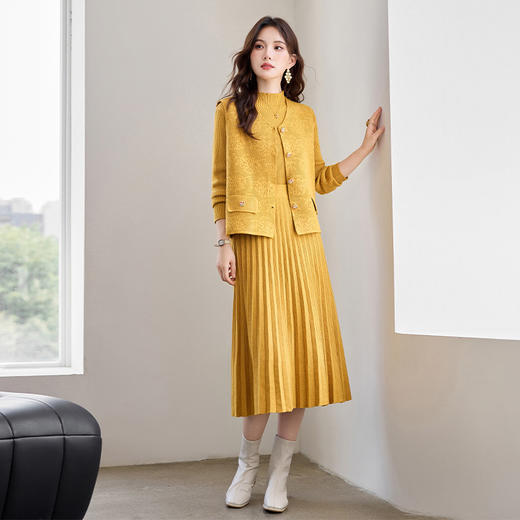 HR YBER606轻奢圆领立体花纹高级感方扣子三件套裙 商品图3