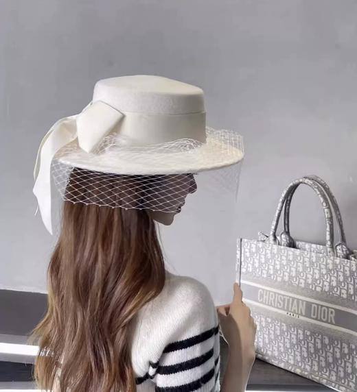 蝴蝶结装饰纱网平顶羊毛呢帽(COCO) 商品图3