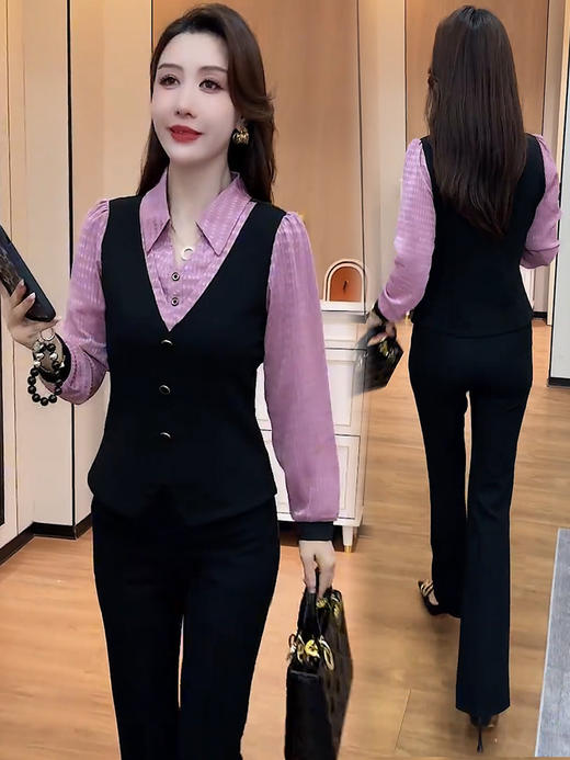 时尚套装女2025秋季新款洋气显瘦假两件衬衣高腰微喇裤减龄两件套 商品图2