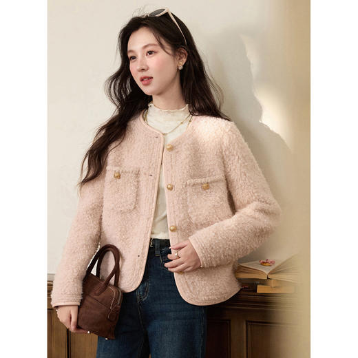 鹿向南「月下芍影」小香风短款巨好看外套女秋冬新款宽松粉色上衣 商品图0