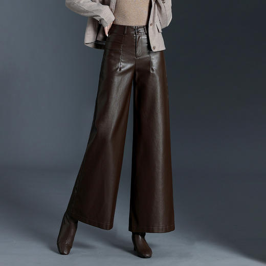 QYM 7070-Y时尚PU皮裤气质阔腿裤宽松休闲直筒裤 商品图0