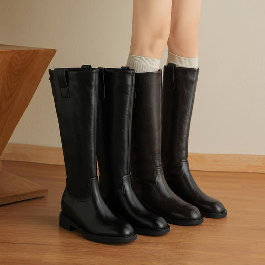 【预售7天】真皮显瘦中高筒靴子女秋冬新款黑色显瘦圆头不过膝长筒骑士靴DJ&GV1589 商品图3