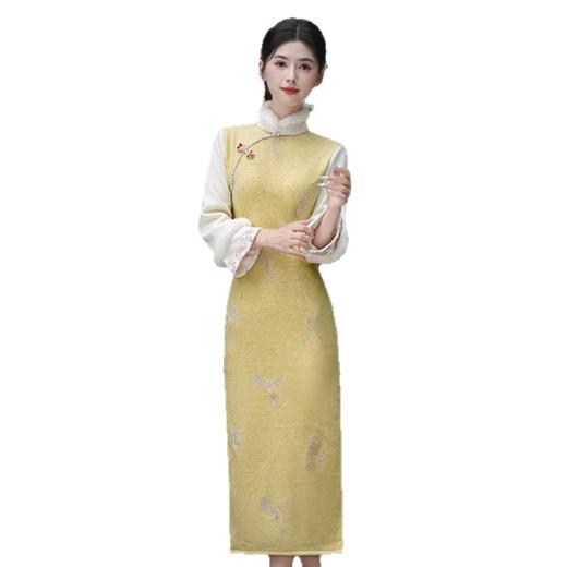 GX时尚拼接雪尼尔长款倒大袖旗袍2025秋冬款改良新中式日常可穿旗袍 商品图4