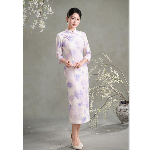 GX复合加绒年轻款长款七分袖旗袍2025秋冬新款改良中式日常修身旗袍 商品图3