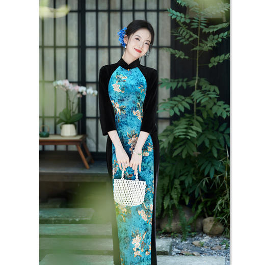 GX时尚拼接丝绒七分袖长款旗袍2025秋季新款复古国风年轻款日常旗袍 商品图0