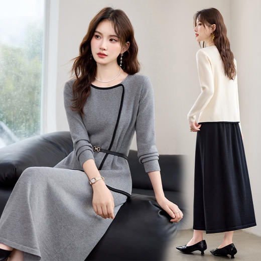 HR YBER610法式浪漫洋气圆领拼色优雅气质两件套裙 商品图0