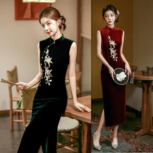 GX丝绒绣花长款无袖旗袍2025初秋新款改良新中式港风气质日常旗袍裙 商品图0