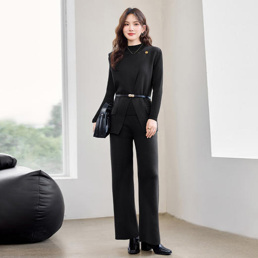 HR YBER609休闲简约风圆领一粒扣腰带款三件套裤 商品图2