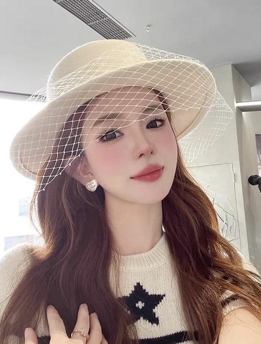 蝴蝶结装饰纱网平顶羊毛呢帽(COCO) 商品图1