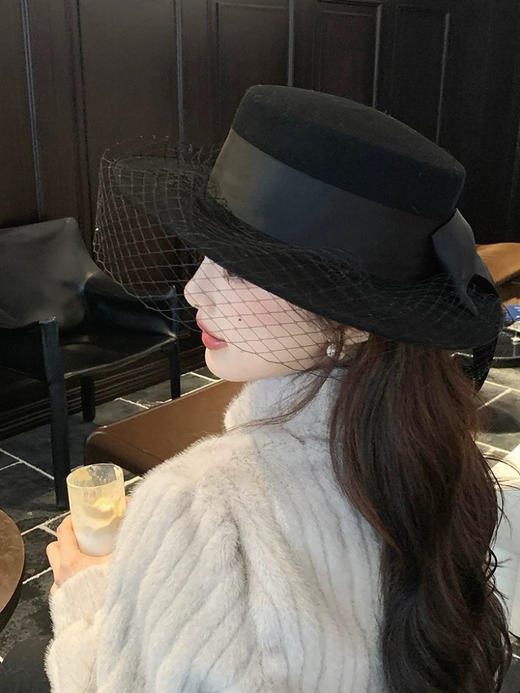 蝴蝶结装饰纱网平顶羊毛呢帽(COCO) 商品图6