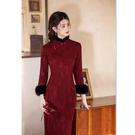 GX冬款加绒加厚长款修身大毛领旗袍2025款妈妈装宴会礼服回娘家旗袍