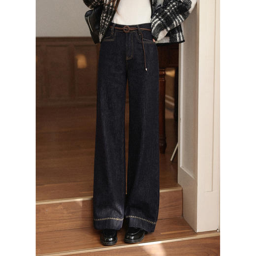 鹿向南「复古蓝调」复古深蓝色牛仔裤女秋季2025新款显瘦阔腿长裤 商品图0