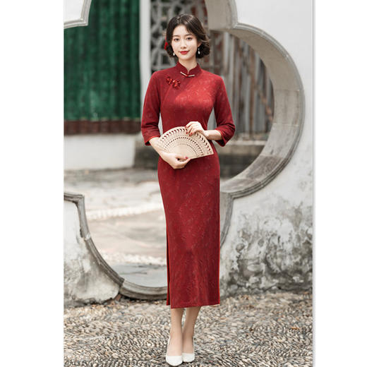 GX酒红色喜婆婆长款七分袖旗袍2025秋冬新款喜宴妈妈装敬酒服旗袍裙 商品图0