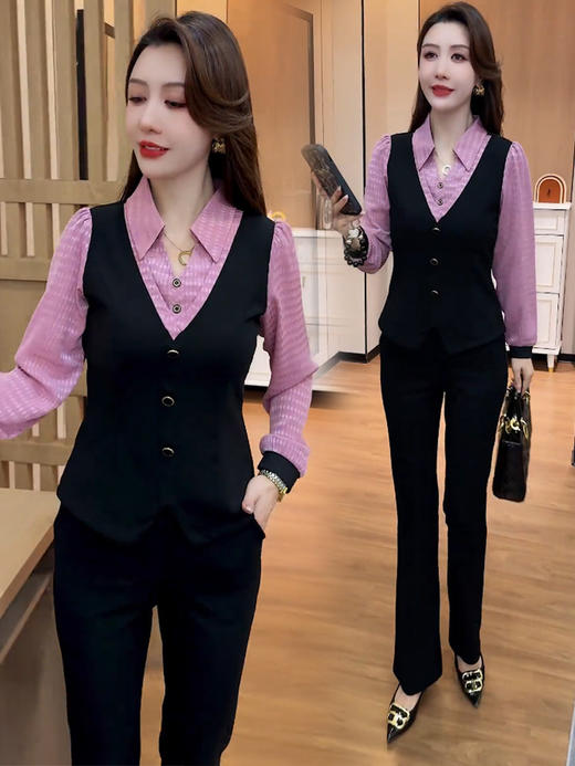 时尚套装女2025秋季新款洋气显瘦假两件衬衣高腰微喇裤减龄两件套 商品图0