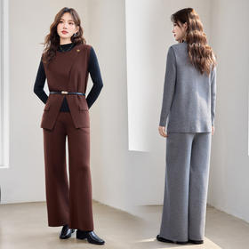 HR YBER609休闲简约风圆领一粒扣腰带款三件套裤