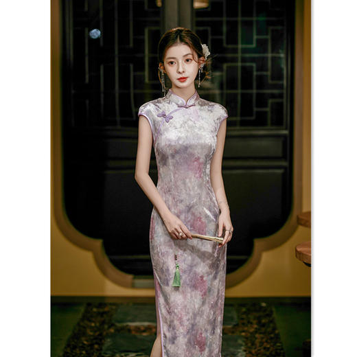 GX钻石绒长款坎肩袖少女款旗袍2025初秋新款改良新中式日常修身旗袍 商品图0