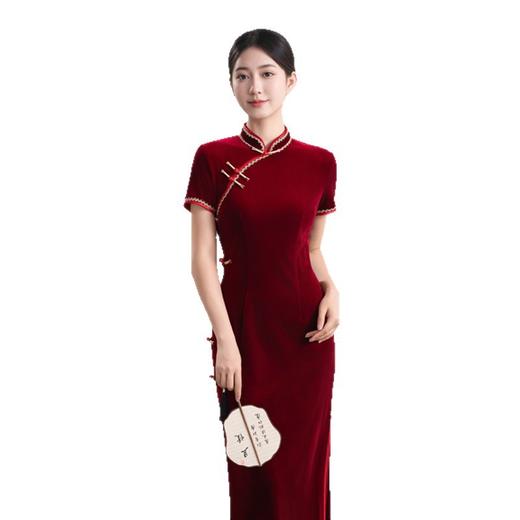 GX红色花边丝绒喜妈妈婚宴旗袍2025初秋新款感宴会长款气质旗袍 商品图4