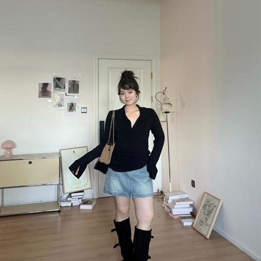 25AW上新 软软同款【空气衫】简约百搭修身收腰腰部捏褶大翻领T恤 商品图1