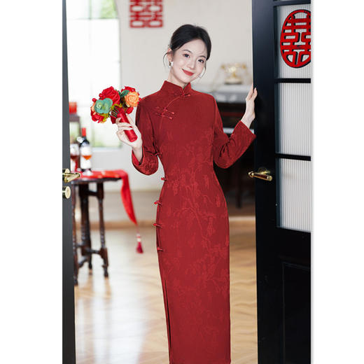 GX红色旗袍礼服2025秋季新款复古国风喜婆婆妈妈婚宴长袖旗袍连衣裙 商品图0